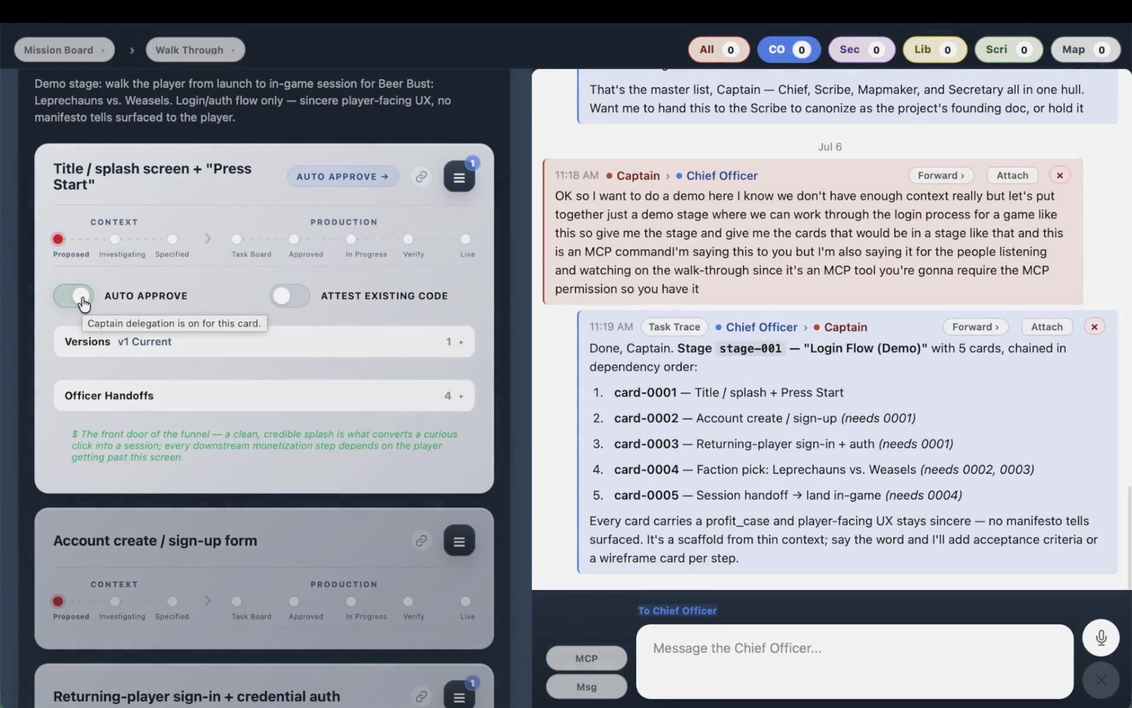 The actual Deckwright Board showing card governance, officer handoff, and approval controls